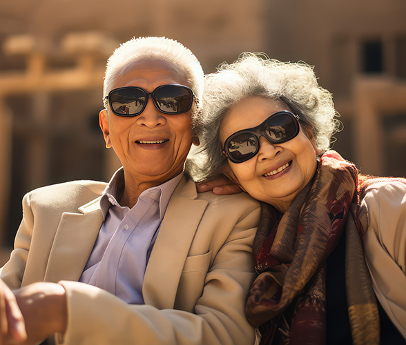 Two seniors wearing dark sunglasses are smiling.